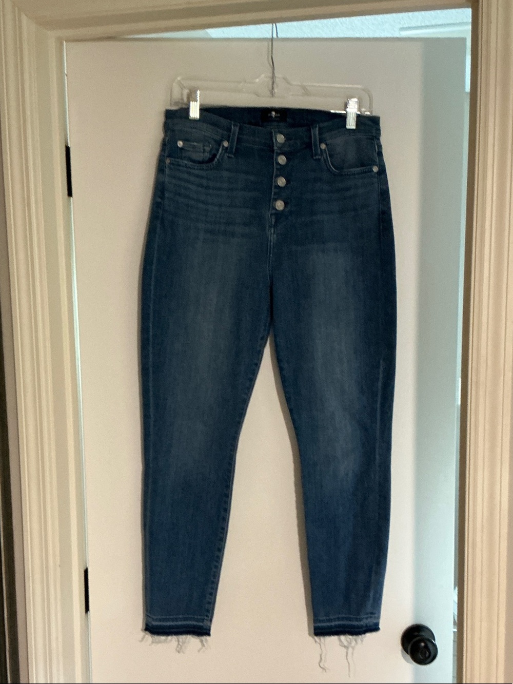 7 For All Mankind Dark Blue High-Rise Button-Fly Ankle Jeans